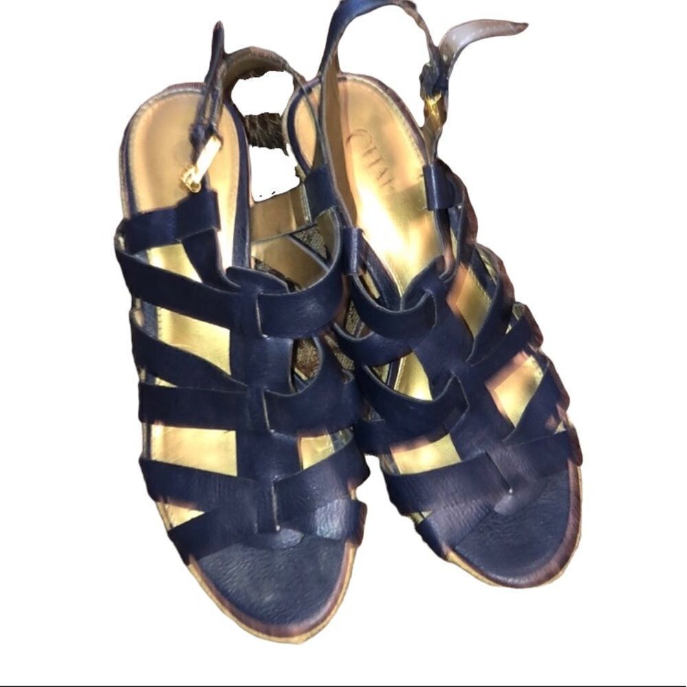 Chaps size 8 M blue leather wedge sandals great